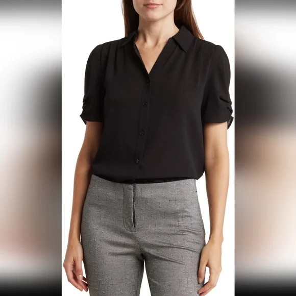 Adrianna Papell Black Blouse with Cuffed Sleeves and Mandarin Collar - Picture 1 of 3